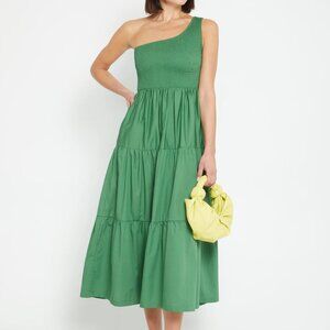 o.p.t Milada One Shoulder Tiered Midi Dress Green Size Small